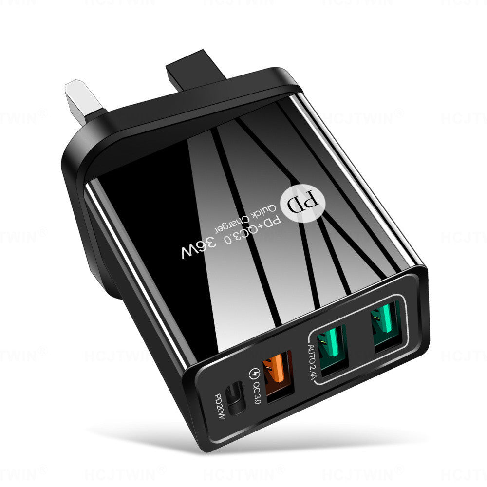36W 4-Port Wall Charger – PD 20W USB-C + 3x USB | US / EU / UK | Black & Grey