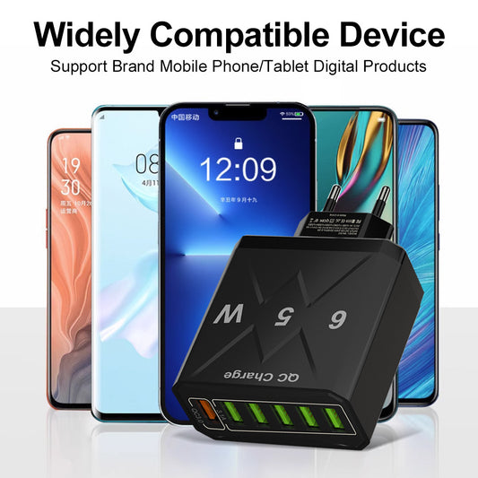 65W 6-Port USB Wall Charger – QC3.0 Fast Charge | US / EU / UK | Black & White