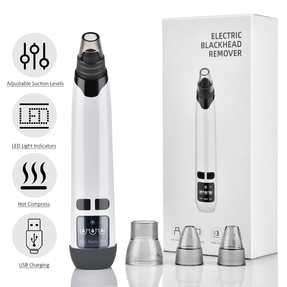Blackhead Remover Vacuum with Hot Compress – 3-Level Suction, 4 Heads, USB Rechargeable