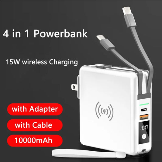 3-in-1 Power Bank with Built-In AC Plug – 10000mAh, 15W Wireless Charging & USB-C