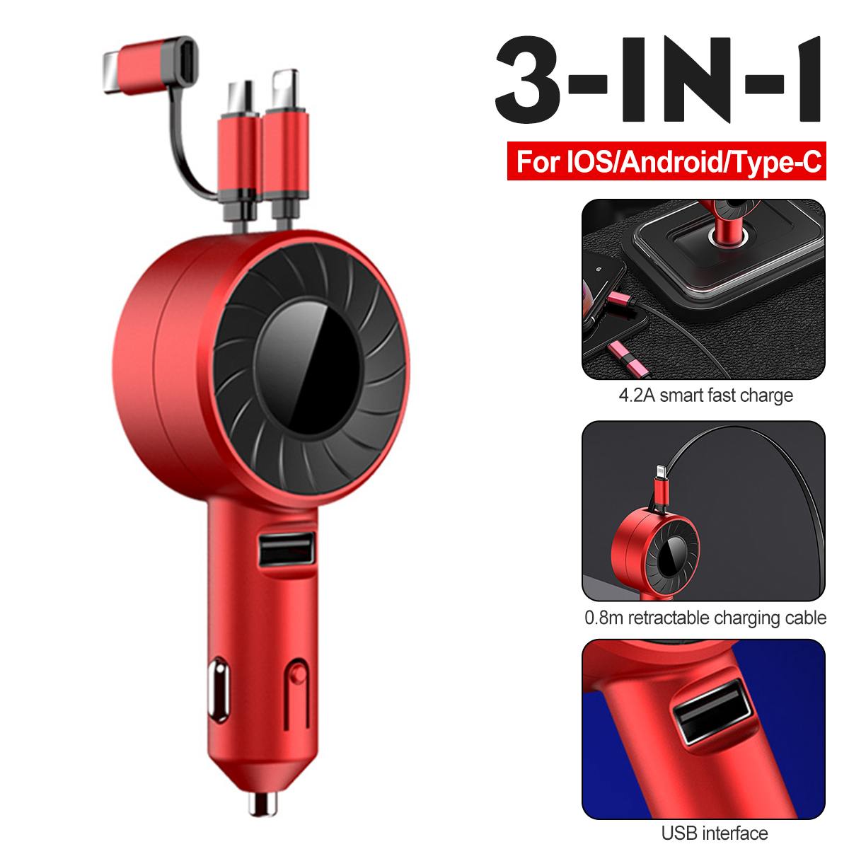 3-in-1 Retractable Car Charger – 4.2A Fast Charge, Lightning, USB-C & Micro USB