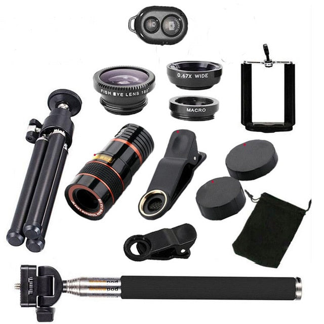 10-in-1 Phone Photography Kit – 12x Telephoto, Wide Angle, Fisheye & Macro Lenses + Selfie Stick
