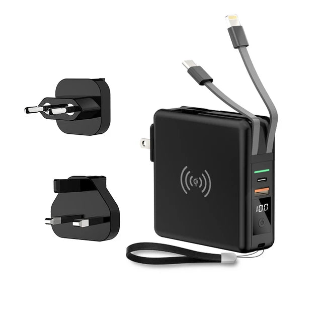 3-in-1 Power Bank with Built-In AC Plug – 10000mAh, 15W Wireless Charging & USB-C