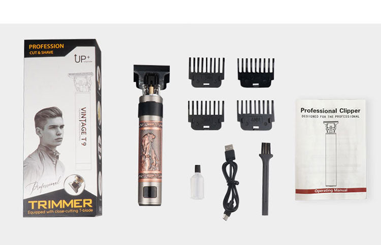 T9 Zinc Alloy Hair Clipper – Digital Display, USB-C Rechargeable, 4 Bold Designs