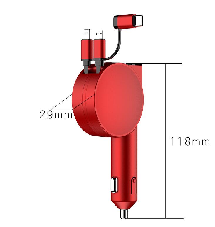 60W 3-in-1 Car Charger with Telescopic Cables – USB PD, QC, Lightning, USB-C & USB-A