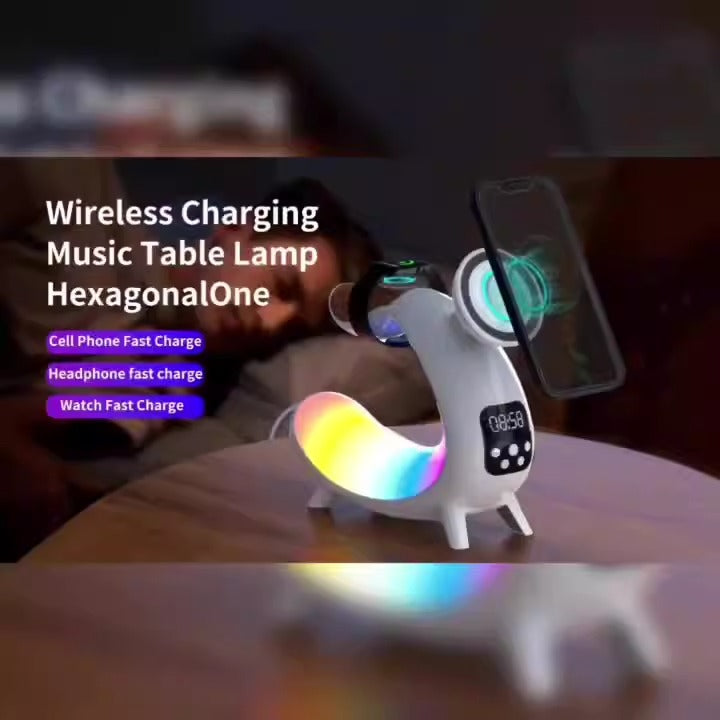 Y18 6-in-1 Wireless Charging Station – iPhone, AirPods & Apple Watch + Speaker, Clock & Night Light