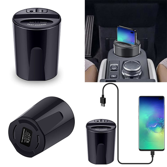 10W Qi Wireless Car Charger Cup Holder – USB-A Output, Dual Indicators, iPhone & Samsung