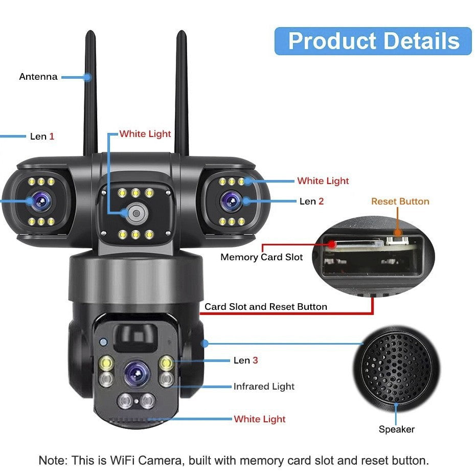 V380 Triple-Lens 6MP Solar Security Camera – 360° 3-View, AI Human Detection & WiFi or 4G