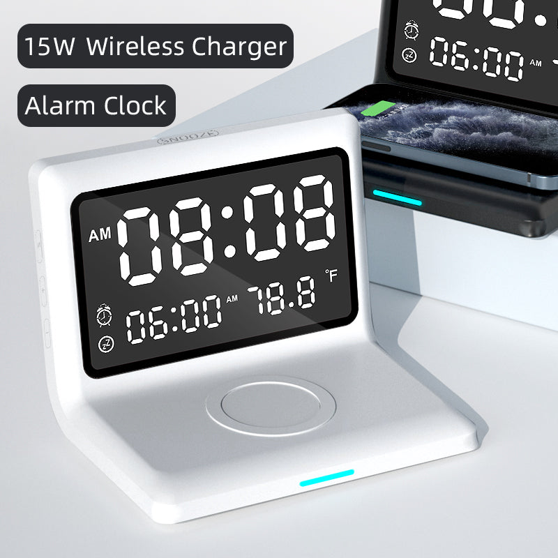 3-in-1 Wireless Charging Alarm Clock – 15W Fast Charge | iPhone, AirPods & USB | Black & White