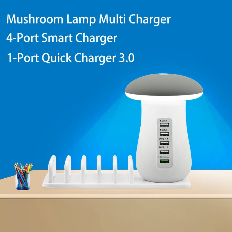 5-Port USB Charging Station with QC 3.0 & Mushroom Night Light