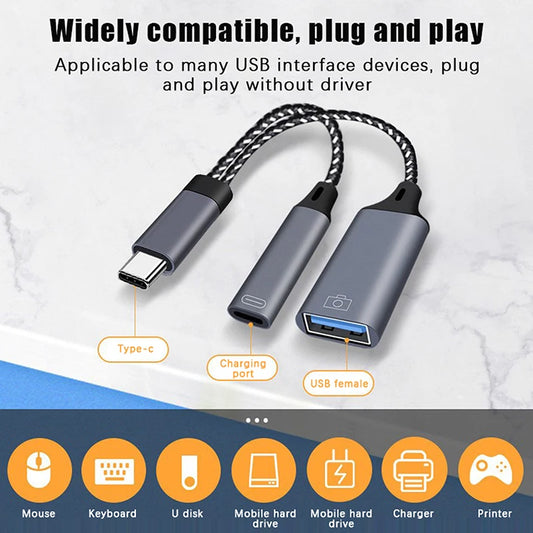 2-in-1 USB-C OTG Adapter Cable with PD Charging Port