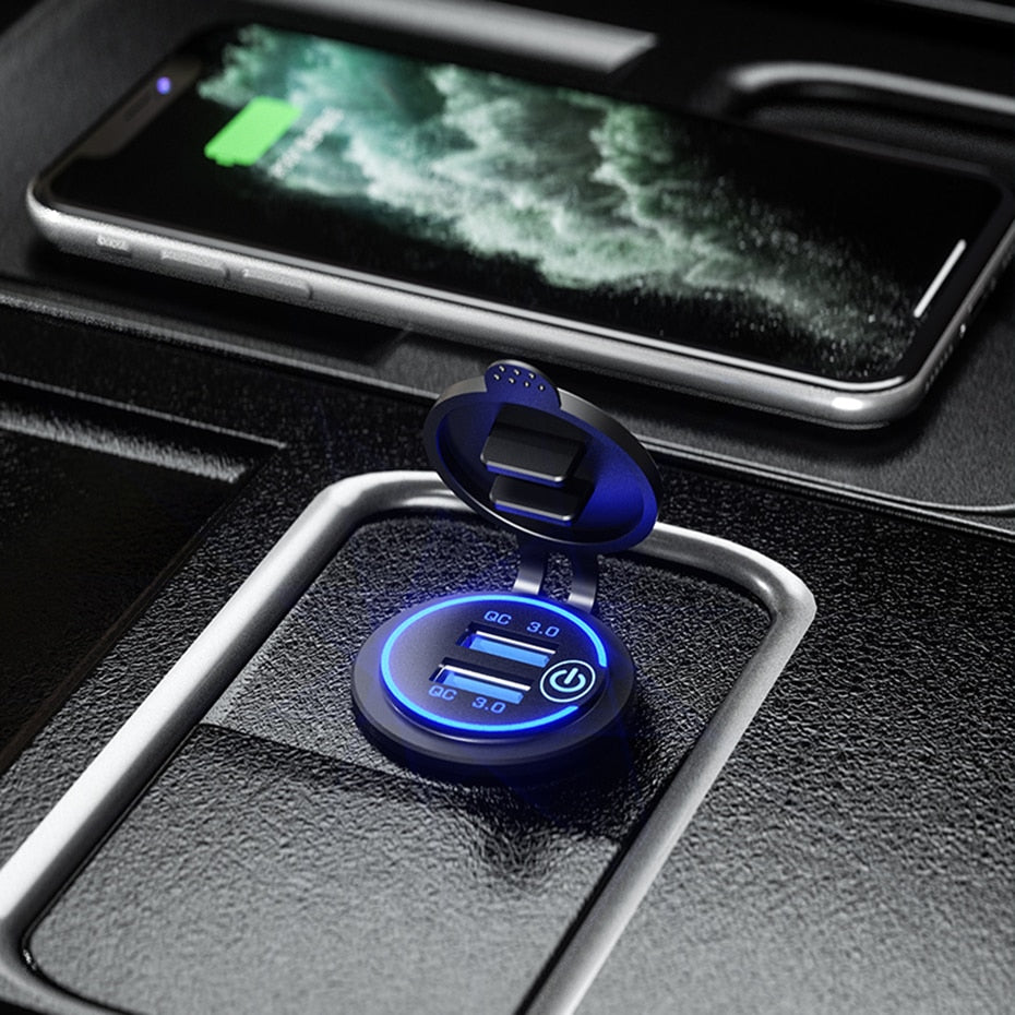 36W QC 3.0 Waterproof Dual USB Charger Socket – Touch Switch, Motorcycle, Car, Truck & Boat