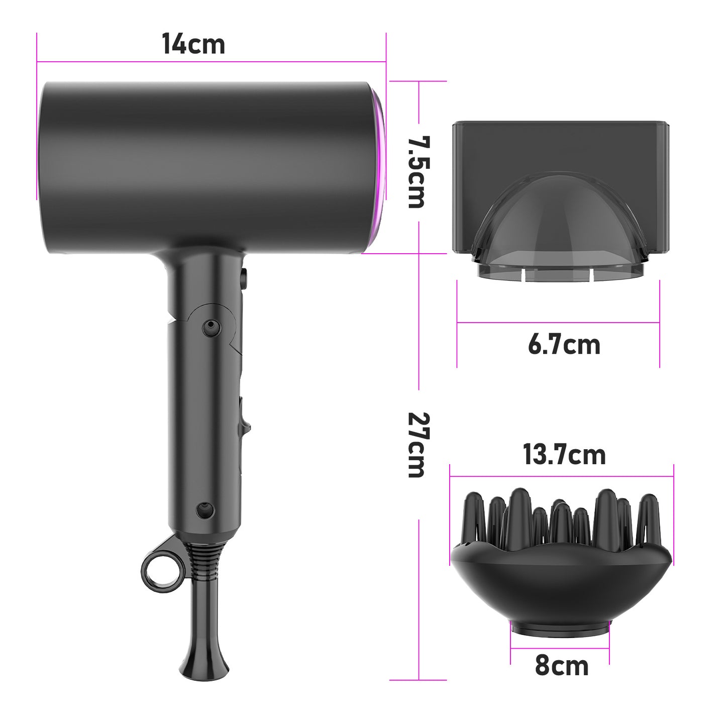 Negative Ion Folding Hair Dryer – 1600W+, Constant Temp, Concentrator & Diffuser