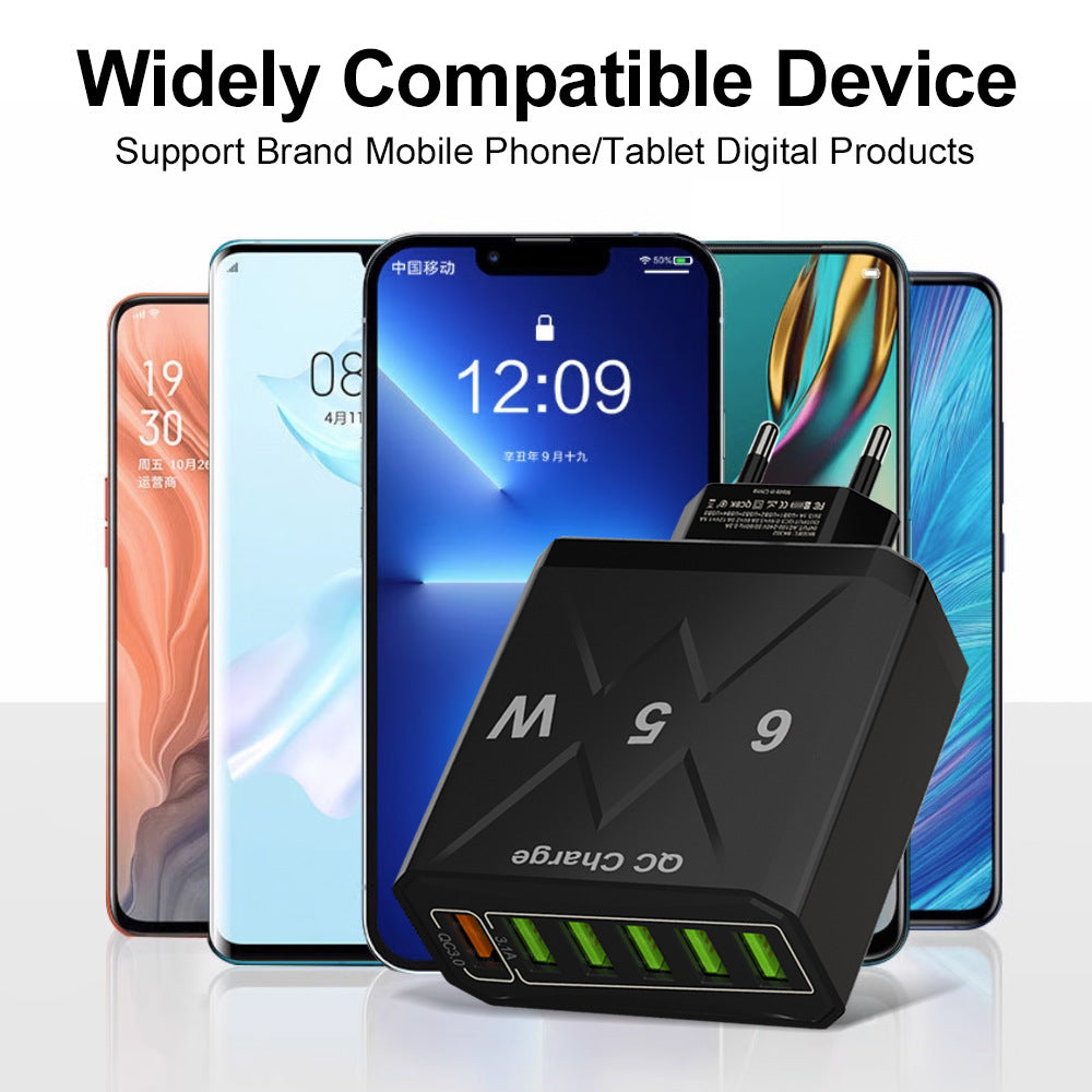 65W 6-Port USB Wall Charger – QC3.0 Fast Charge | US / EU / UK | Black & White