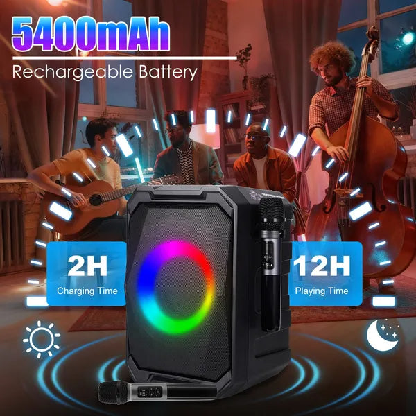 Portable Wireless Party Speaker – 80W, RGB Lights, 2 Wireless Mics, 12-Hr Battery