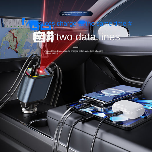 120W Retractable Car Charger – 4-Port Fast Charging, Digital Display, Starry Sky Design