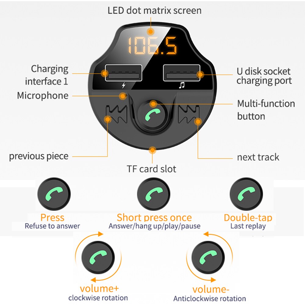 T66 Bluetooth 5.0 FM Transmitter – Dual USB, TF Card, Battery Voltage Display, Hands-Free