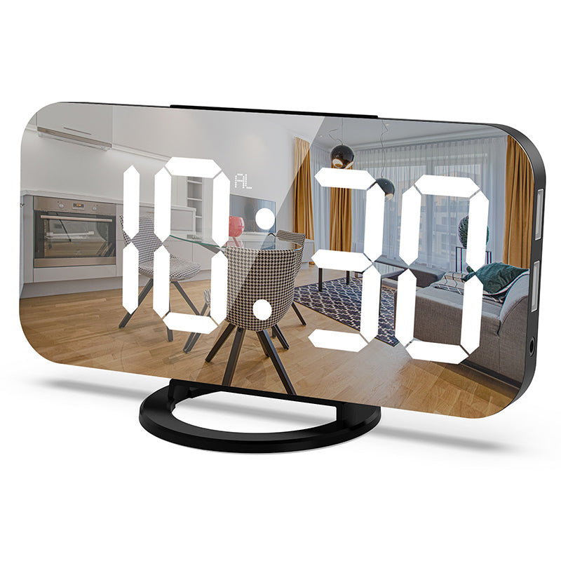 LED Mirror Alarm Clock with Dual USB Charging Ports – Auto-Dimming, Snooze & Weekday Alarm