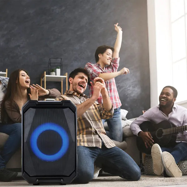 Portable Wireless Party Speaker – 80W, RGB Lights, 2 Wireless Mics, 12-Hr Battery