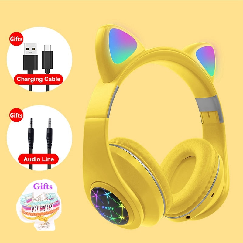 RGB Cat Ear Bluetooth Headphones – ANC, FM Radio, TF Card, Gift Bracelet Included