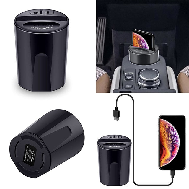 10W Qi Wireless Car Charger Cup Holder – USB-A Output, Dual Indicators, iPhone & Samsung