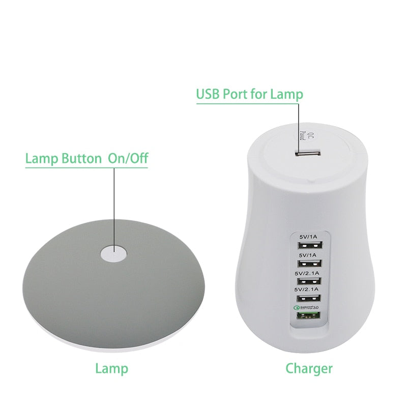 5-Port USB Charging Station with QC 3.0 & Mushroom Night Light