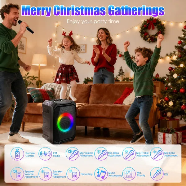 Portable Wireless Party Speaker – 80W, RGB Lights, 2 Wireless Mics, 12-Hr Battery