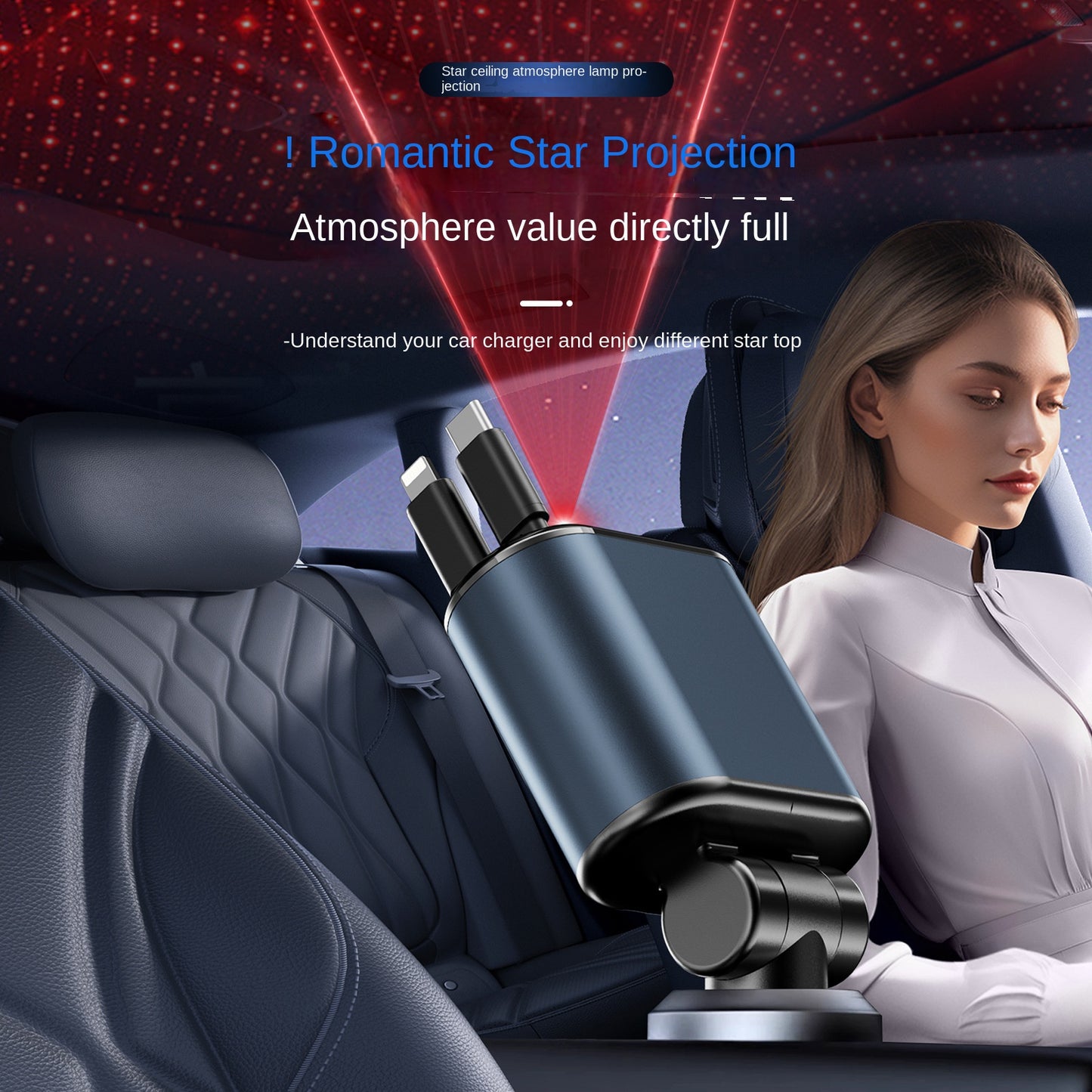 120W Retractable Car Charger – 4-Port Fast Charging, Digital Display, Starry Sky Design