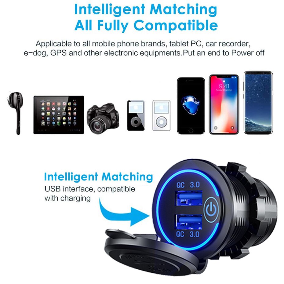 36W QC 3.0 Waterproof Dual USB Charger Socket – Touch Switch, Motorcycle, Car, Truck & Boat