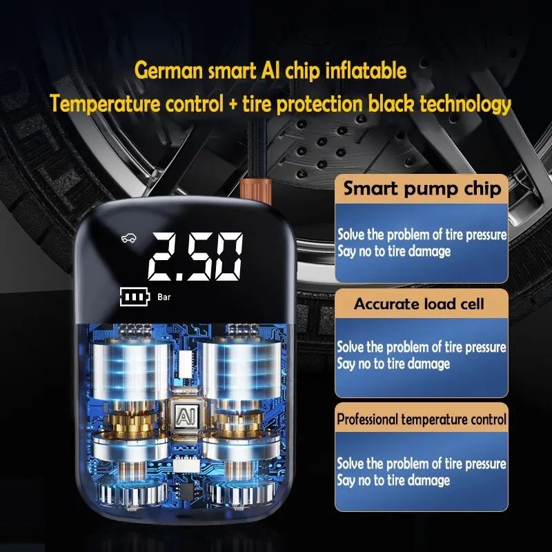 Wireless Portable Tire Inflator – 100W, 3600mAh, Pressure Gauge, LED & USB Charging