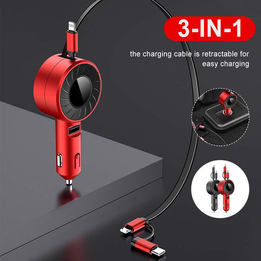 3-in-1 Retractable Car Charger – 4.2A Fast Charge, Lightning, USB-C & Micro USB