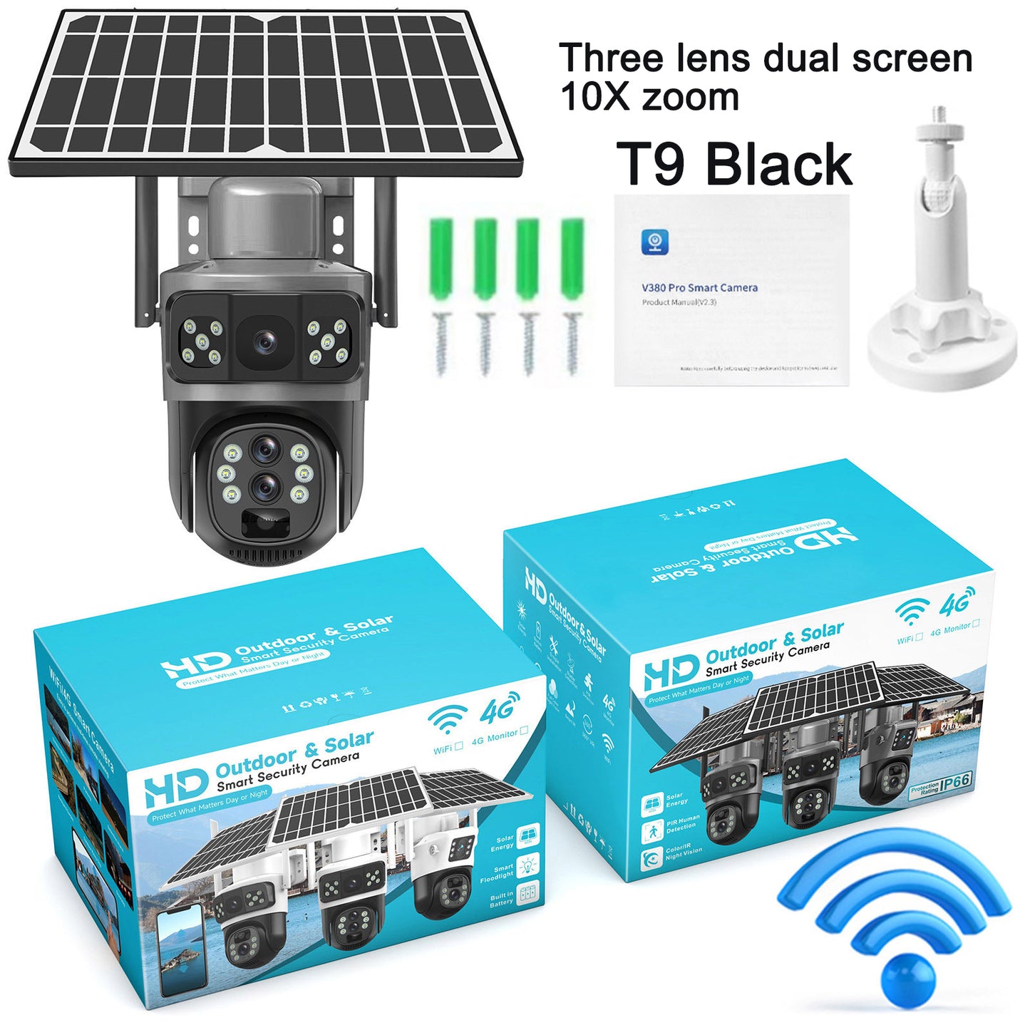 Solar WiFi PTZ Security Camera – Dual or Triple Lens, 10× Digital Zoom & IP66 Weatherproof