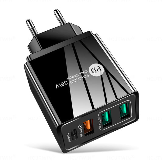 36W 4-Port Wall Charger – PD 20W USB-C + 3x USB | US / EU / UK | Black & Grey