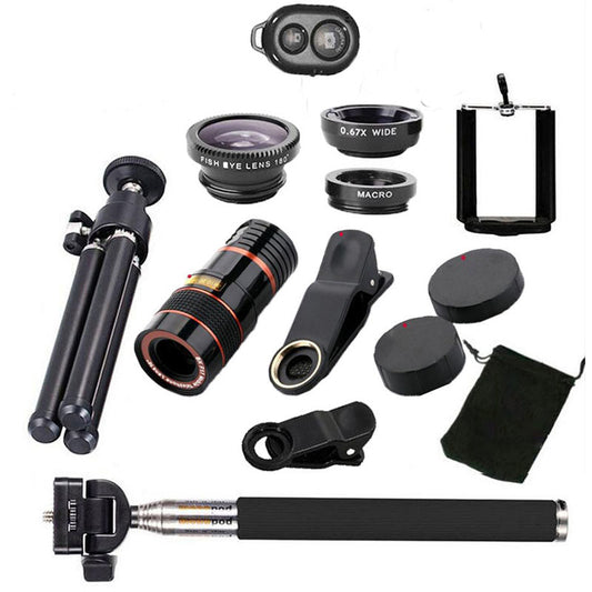 10-in-1 Phone Photography Kit – 12x Telephoto, Wide Angle, Fisheye & Macro Lenses + Selfie Stick