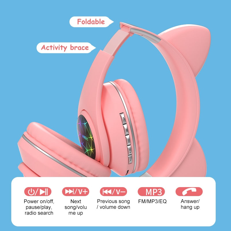 RGB Cat Ear Bluetooth Headphones – ANC, FM Radio, TF Card, Gift Bracelet Included
