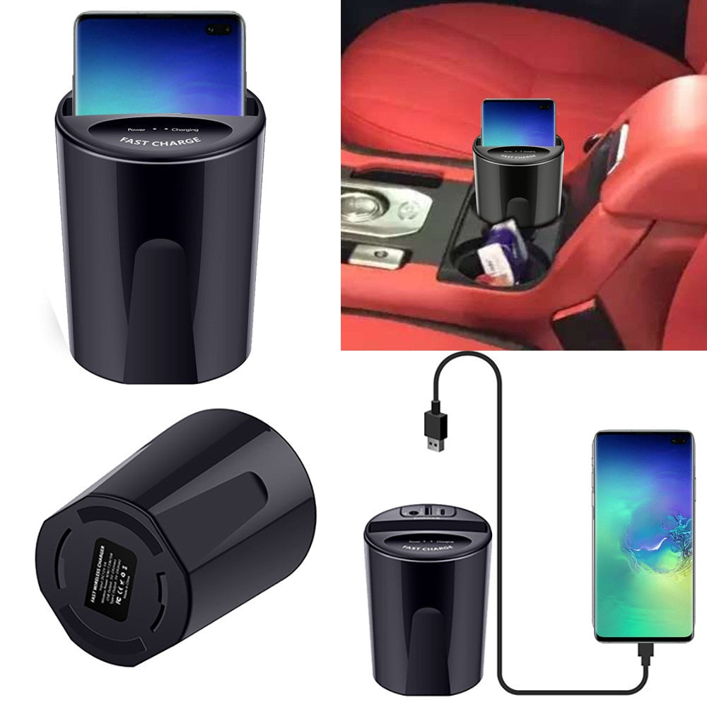 10W Qi Wireless Car Charger Cup Holder – USB-A Output, Dual Indicators, iPhone & Samsung