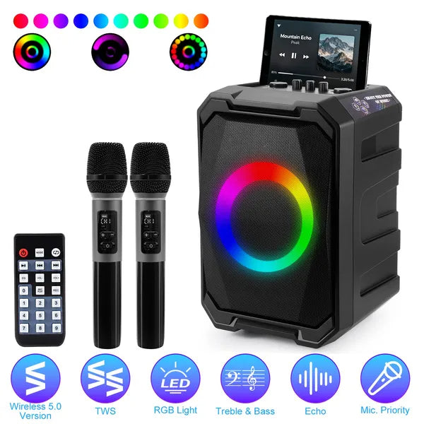 Portable Wireless Party Speaker – 80W, RGB Lights, 2 Wireless Mics, 12-Hr Battery