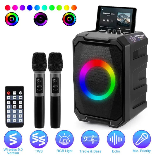 Portable Wireless Party Speaker – 80W, RGB Lights, 2 Wireless Mics, 12-Hr Battery