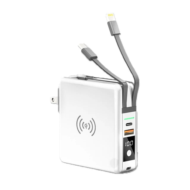 3-in-1 Power Bank with Built-In AC Plug – 10000mAh, 15W Wireless Charging & USB-C