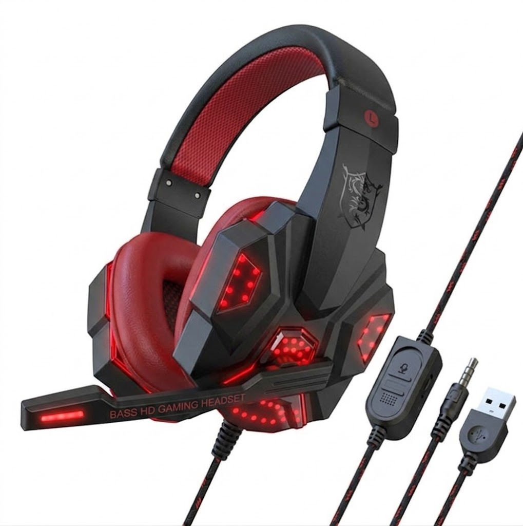 Wired Gaming Headset – LED Lighting, Built-in Mic, 3.5mm + USB, PC & Laptop, 3 Colors
