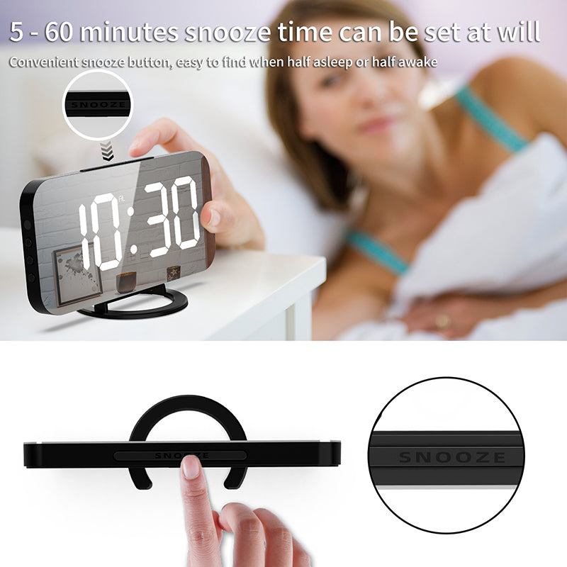 LED Mirror Alarm Clock with Dual USB Charging Ports – Auto-Dimming, Snooze & Weekday Alarm