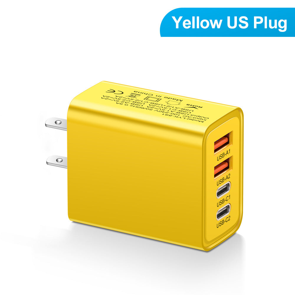 20W 4-Port Wall Charger – 2x USB-C + 2x USB-A | US / EU | Black, White & Yellow