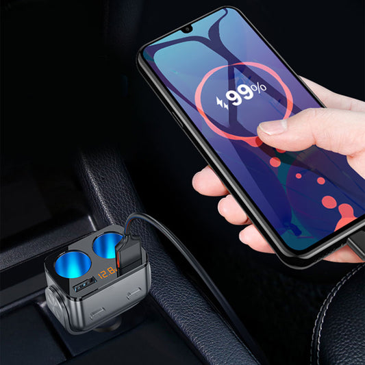 90W Car Cigarette Lighter Splitter – QC 3.0, Dual USB, Pass-Through Socket, 12–24V
