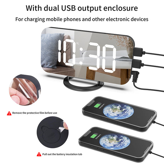 LED Mirror Alarm Clock with Dual USB Charging Ports – Auto-Dimming, Snooze & Weekday Alarm