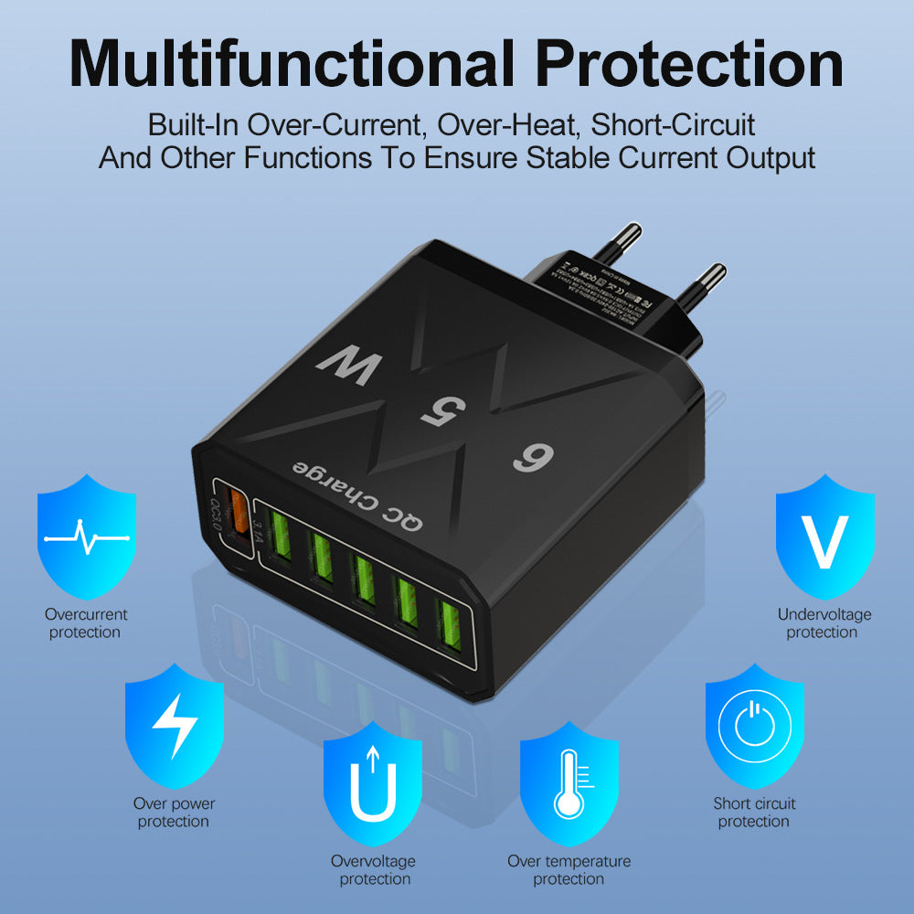 65W 6-Port USB Wall Charger – QC3.0 Fast Charge | US / EU / UK | Black & White