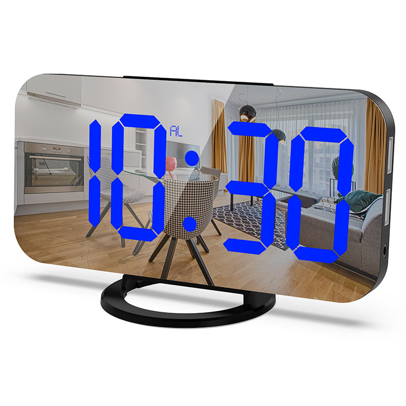 LED Mirror Alarm Clock with Dual USB Charging Ports – Auto-Dimming, Snooze & Weekday Alarm