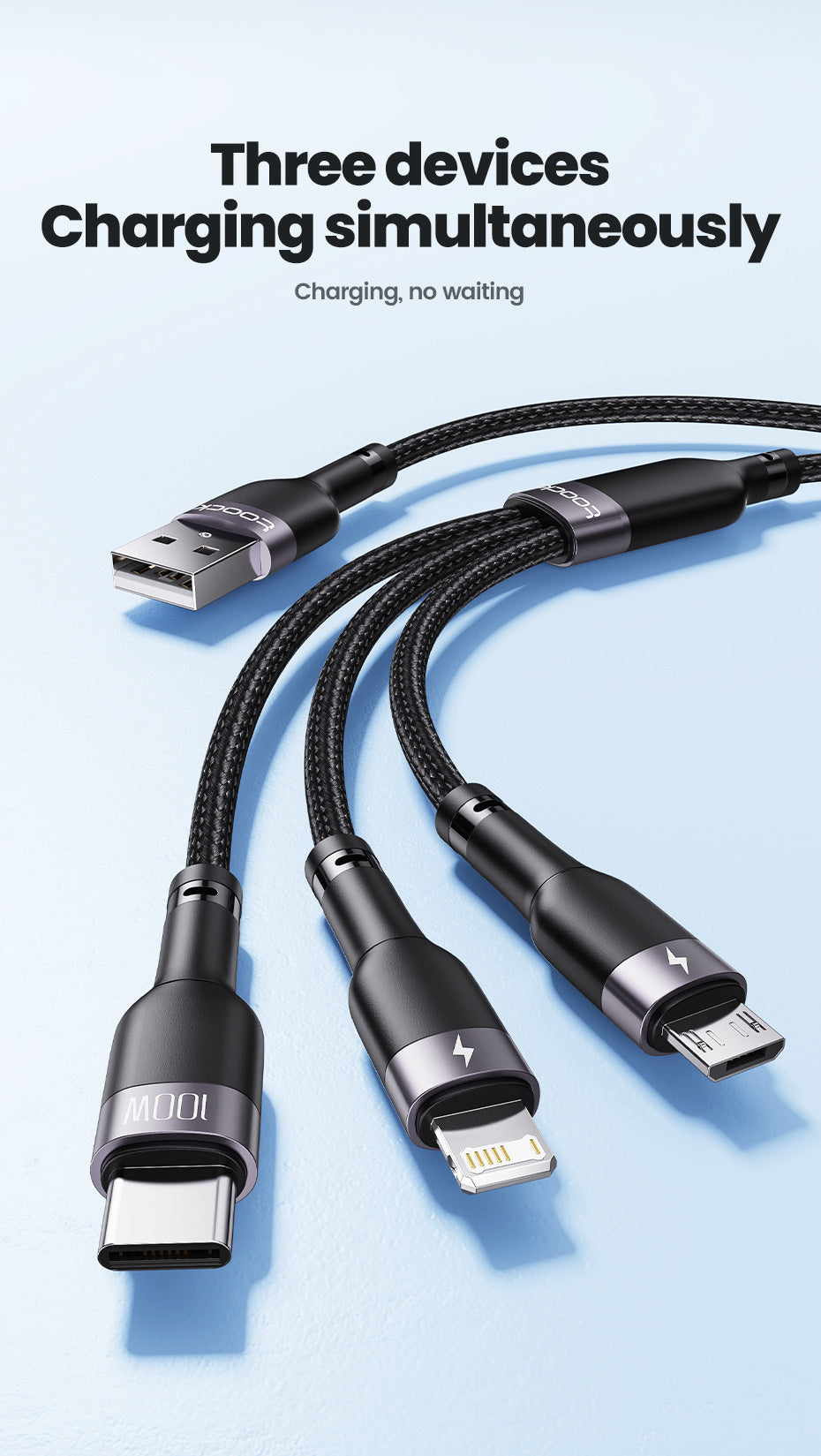 3-in-1 100W Fast Charging Braided Cable – Lightning, USB-C & Micro USB | Aluminum Alloy (1.2m)