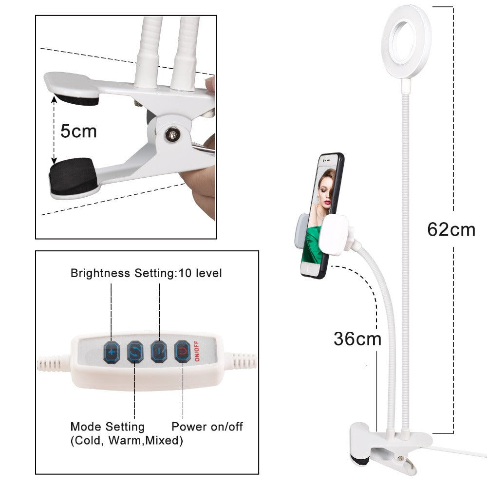 Selfie Ring Light with Flexible Gooseneck Arm & Phone Holder – 3 Colors, 10 Brightness Levels
