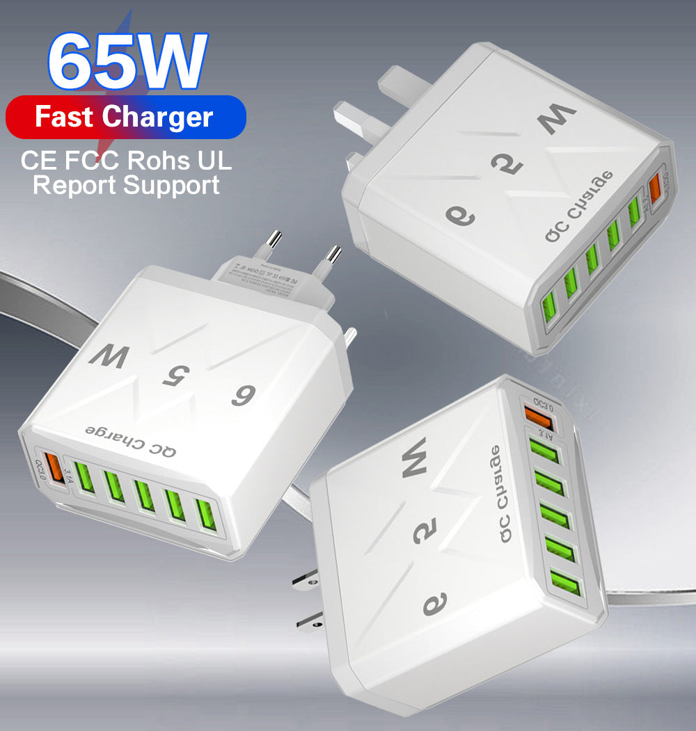 65W 6-Port USB Wall Charger – QC3.0 Fast Charge | US / EU / UK | Black & White
