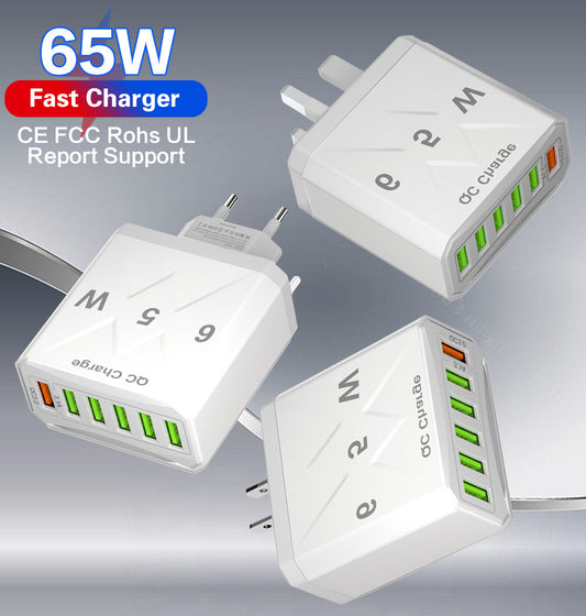 65W 6-Port USB Wall Charger – QC3.0 Fast Charge | US / EU / UK | Black & White